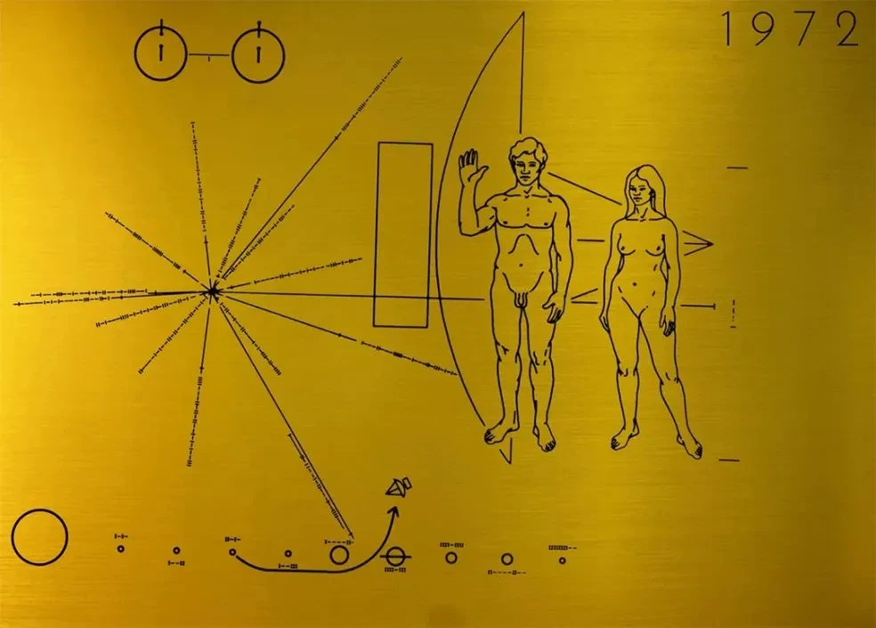 The 1972 NASA Pioneer 10 plaque — humanity's first message to the stars, designed by Carl Sagan